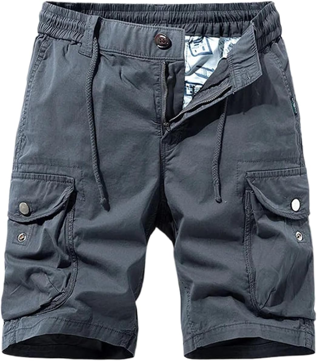 Men Summer Solid Color Casual Cargo Shorts Male Elastic Waist Loose Straight Shorts