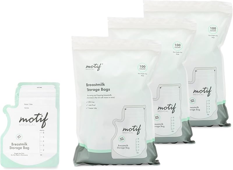 Motif Medical Breastmilk Storage Bags, 300 Count | 300-Pack Of 6oz Freezer Bags - Convenient Easy-Pour Spout - Leakproof Double Zipper - Write-On Label
