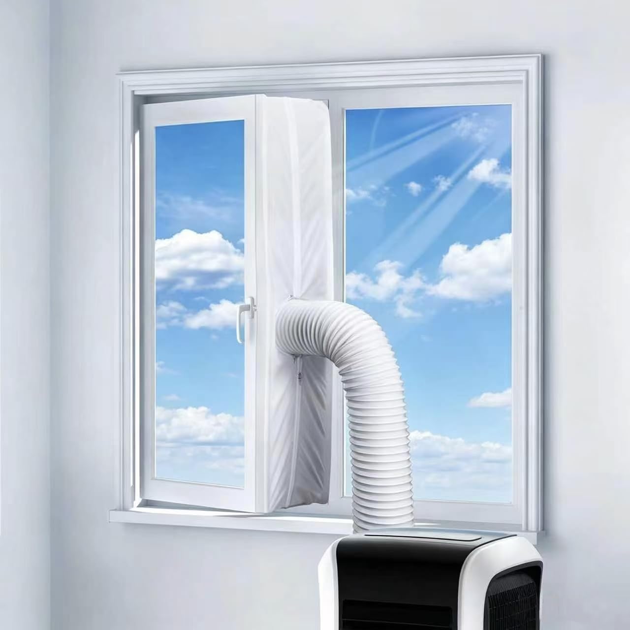 TEOV Klimaanlage Fensterabdichtung, 400cm Fensterabdichtung für Mobile Klimageräte mit Wasserdichte Abluftschlauch Set ohne Bohren, doppelte Öffnung, Hot Air Stop für Flügelfenster Ablufttrockner usw