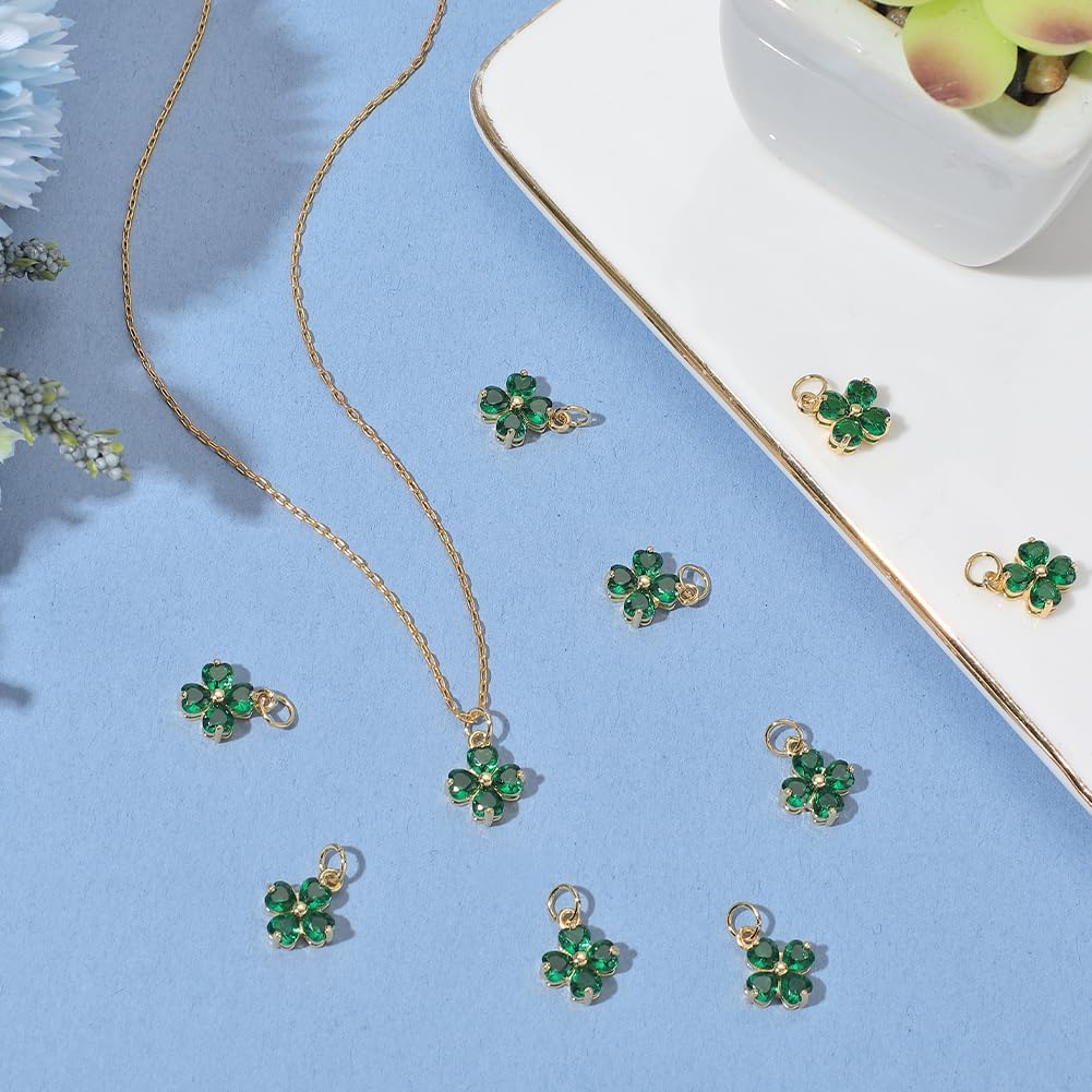 Beebeecraft 1 Box 10Pcs Shamrock Charms Cubic Zirconia 18K Gold Plated Four Leaf Clover Charms Dangle for Jewelry Making St. Patrick Bracelet Necklace