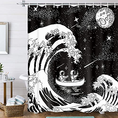 Funny Black White Shower Curtain, Astronauts Rowing In Ocean Waves Shower Curtain For Bathroom, Japanese Kanagawa Waves Art Shower Curtain For Bathroom, Cool Galaxy Space Shower Curtain(70X70) #TOP27