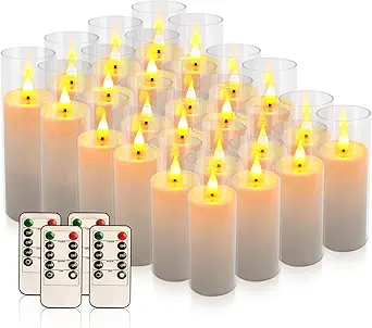 Flickering Flameless LED Candles, 24 Pcs Battery Operated Acrylic LED Pillar Candles with 4 Remote Controls & Timer Function - Safe for Home, Wedding, Outdoor Decor, Halloween, Christmas Party.