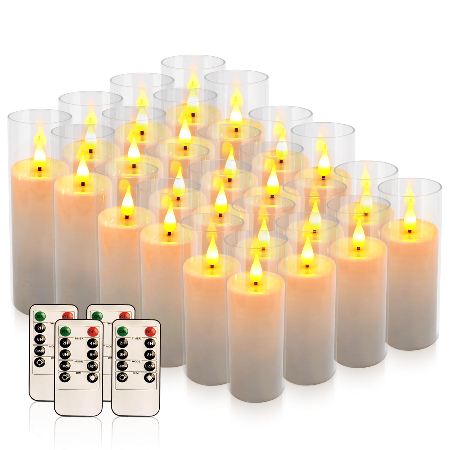 24 velas LED acrílicas sin llama con 4 mandos a distancia, blanco, parpadeante, transparente, adecuadas para bodas, fiestas, decoración del hogar y al aire libre.