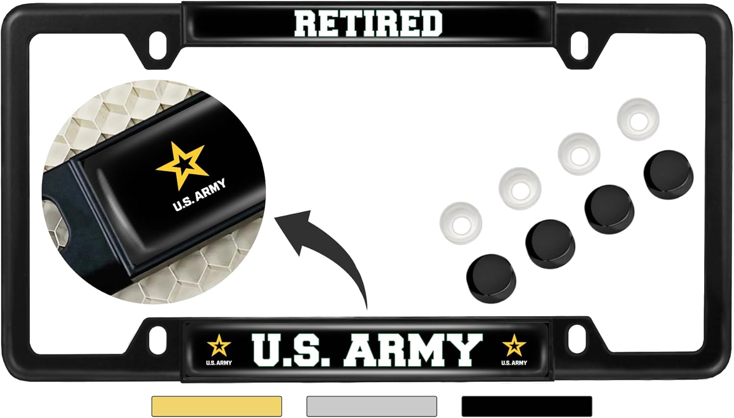 [Officially Licensed Product] - Retired US Army Star Logo - Domed Custom-Made Personalized Thin (Narrow) Top 4 Hole Metal Car License Plate Frame with Free caps - Black (Quantity: 1 Frame)
