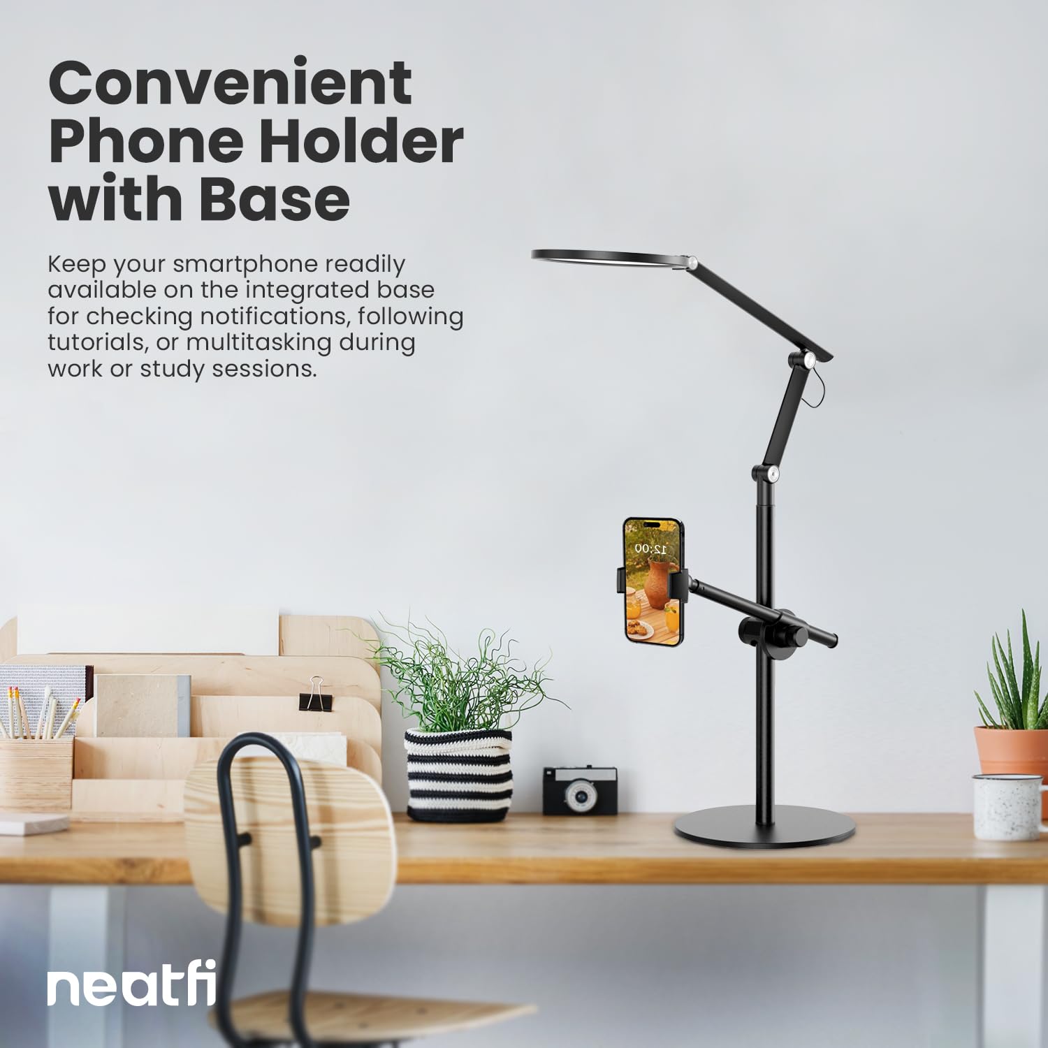Neatfi LED-Tischlampe/Schreibtischlampe, Dimmbar mit 5 Helligkeitsstufen, 10W, USB-/Plug-betrieben (Mit Handyhalterung und Standfuß, Schwarz)