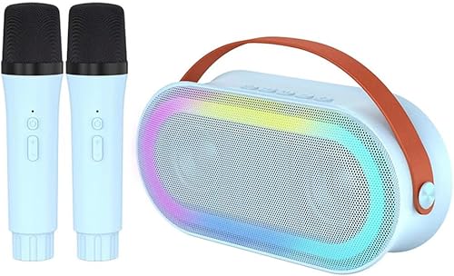 summina Mini máquina de karaoke con 2 micrófonos inalámbricos, altavoz BT portátil recargable de 10 W, luces LED de alta fidelidad, micrófono de