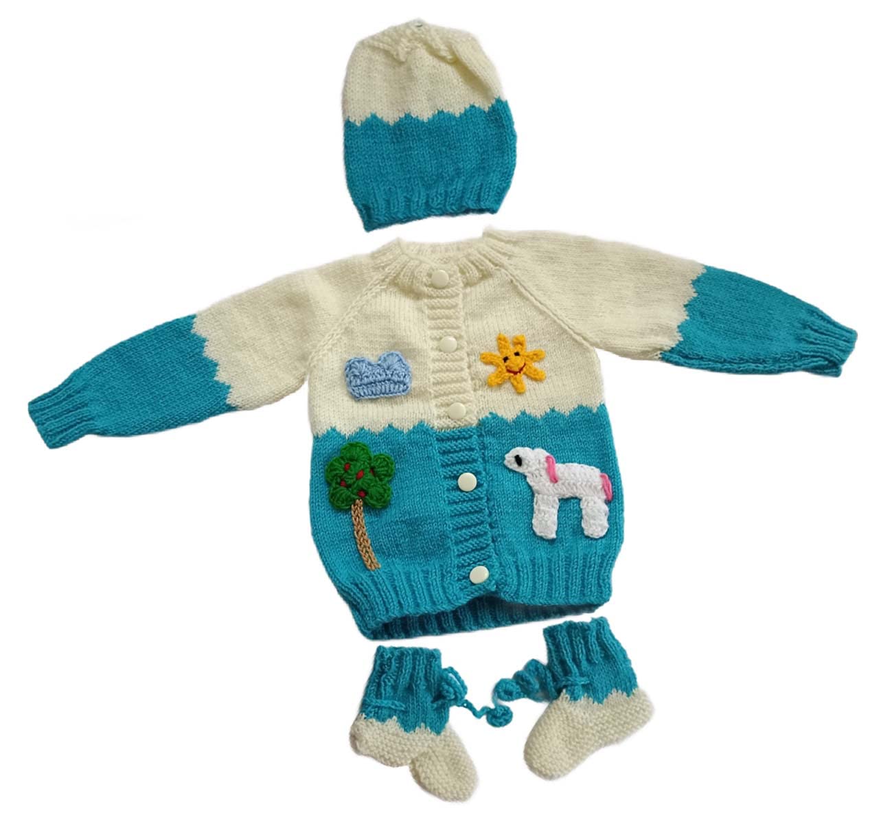Buy Hand Knitted Woolen Sweater with Cap and Pair of Socks Set for
