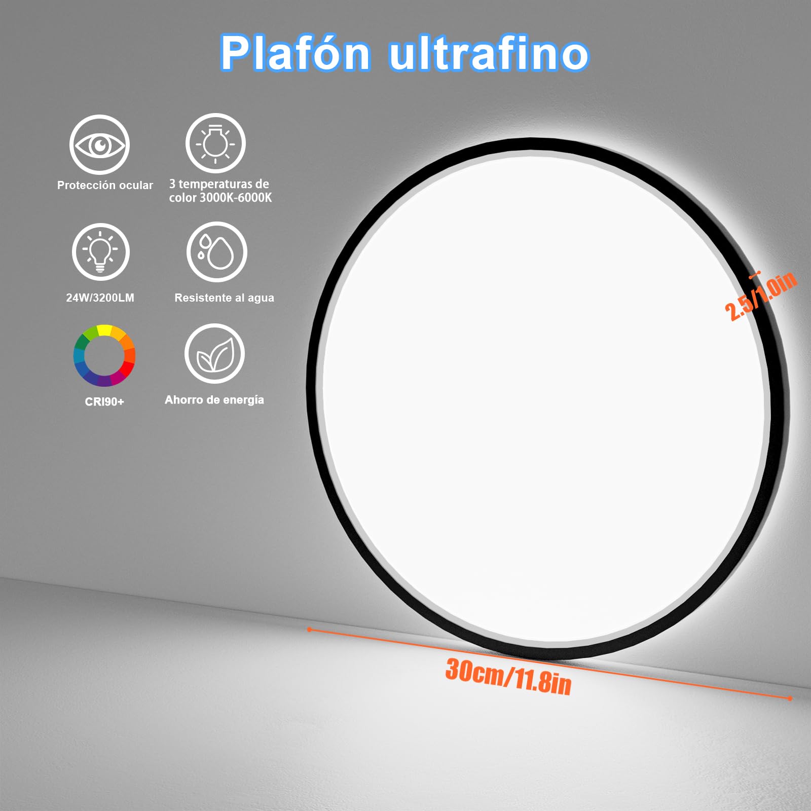 Yexati Plafon LED Techo 24W 3200LM, IP54 Lampara Techo 6000K/4000K/3000K Delgada Plafón Luz Led Redondo Lámpara Panel para Baño Dormitorio Cocina Salon Comedor Pasillo Ø300*25mm