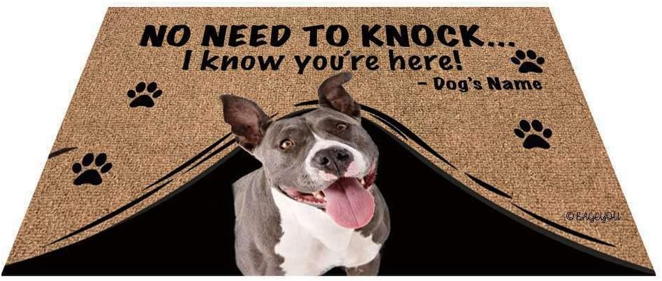 BAGEYOU Personalized Dog's Name Doormat with My Love Dog Pitbull Welcome Floor Mat No Need to Knock I Know You're Here 27.5 x 17.7
