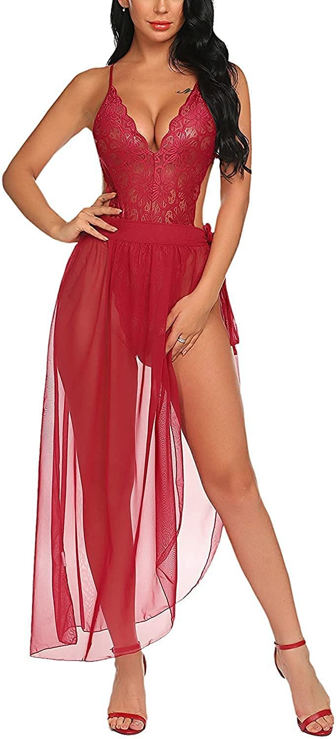 Women Lingerie Lace Chemise Nightgown Hot Sleepwear Sling Dress Babydoll Lingerie Honeymoon/First Night/Anniversary Bridal Nightdress Maroon-image-24
