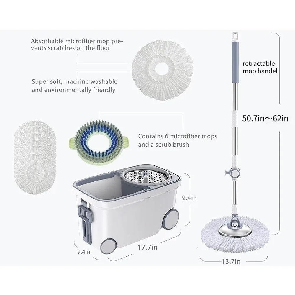 zestaw do czyszczenia zestaw do czyszczenia basenu Mop obrotowy wiadro 360 obrotowy system czyszczenia podłóg z 6 wymiennymi wkładami z mikrofibry, 62" przedłużona rączka
