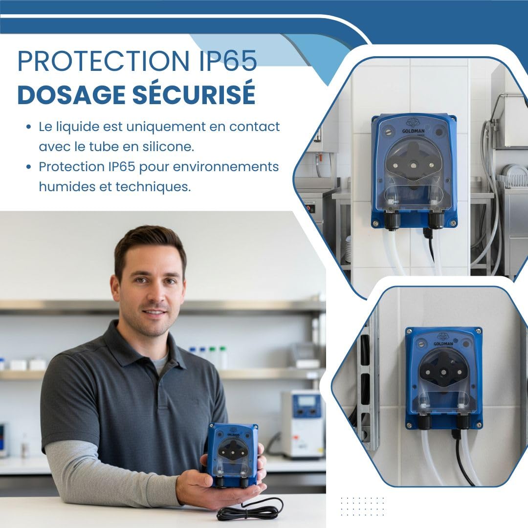 GOLDMAN SERVICE | Pompe péristaltique doseuse réglable 120 ml/min - Distributeur nettoyant et produit de rinçage pour lave-vaisselle industriel - IP65, 5 W, montage mural