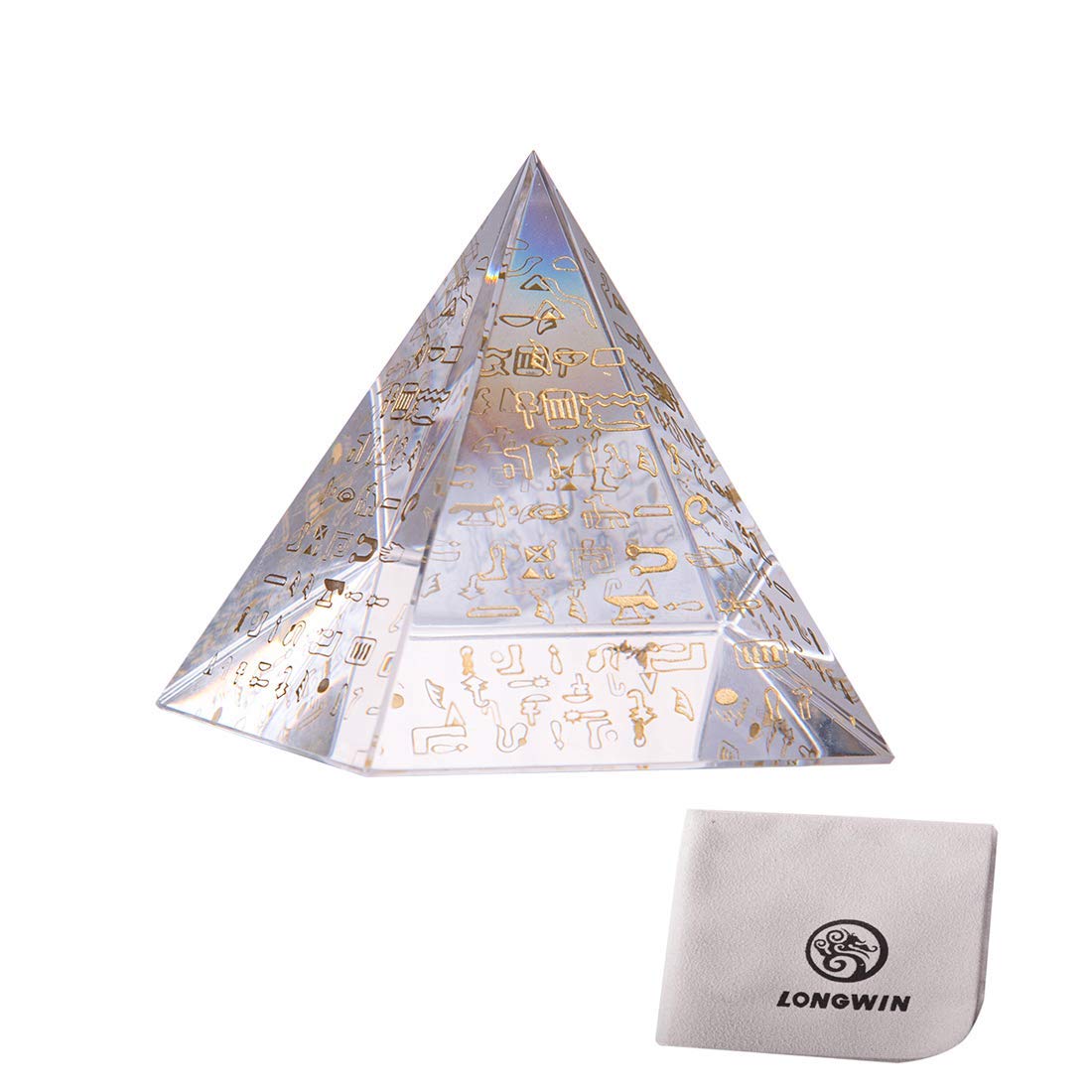 LONGWIN 80mm Crystal Pyramid Prism Collectible Figurine Glass Egyptian Pyramid with Gold Engraved Character Paperweight Desktop Home Decorative Ornaments