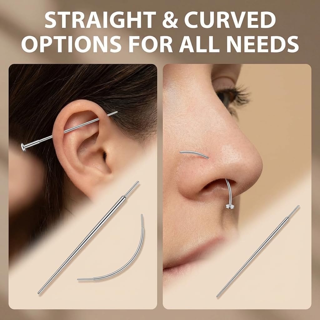 18 pcs Piercing Taper Set Insertion Pin Stretching Kit 14g 16g 18g 20g Stainless Steel Flat Back Earring Insertion Tool,Helix and Piercing Changing Kit for Ear Nose Lip Tongue Navel (Straight, Curved Needles)