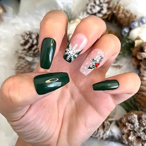 Christmas Press on Nails Medium Coffin Fake Nails Dark Green