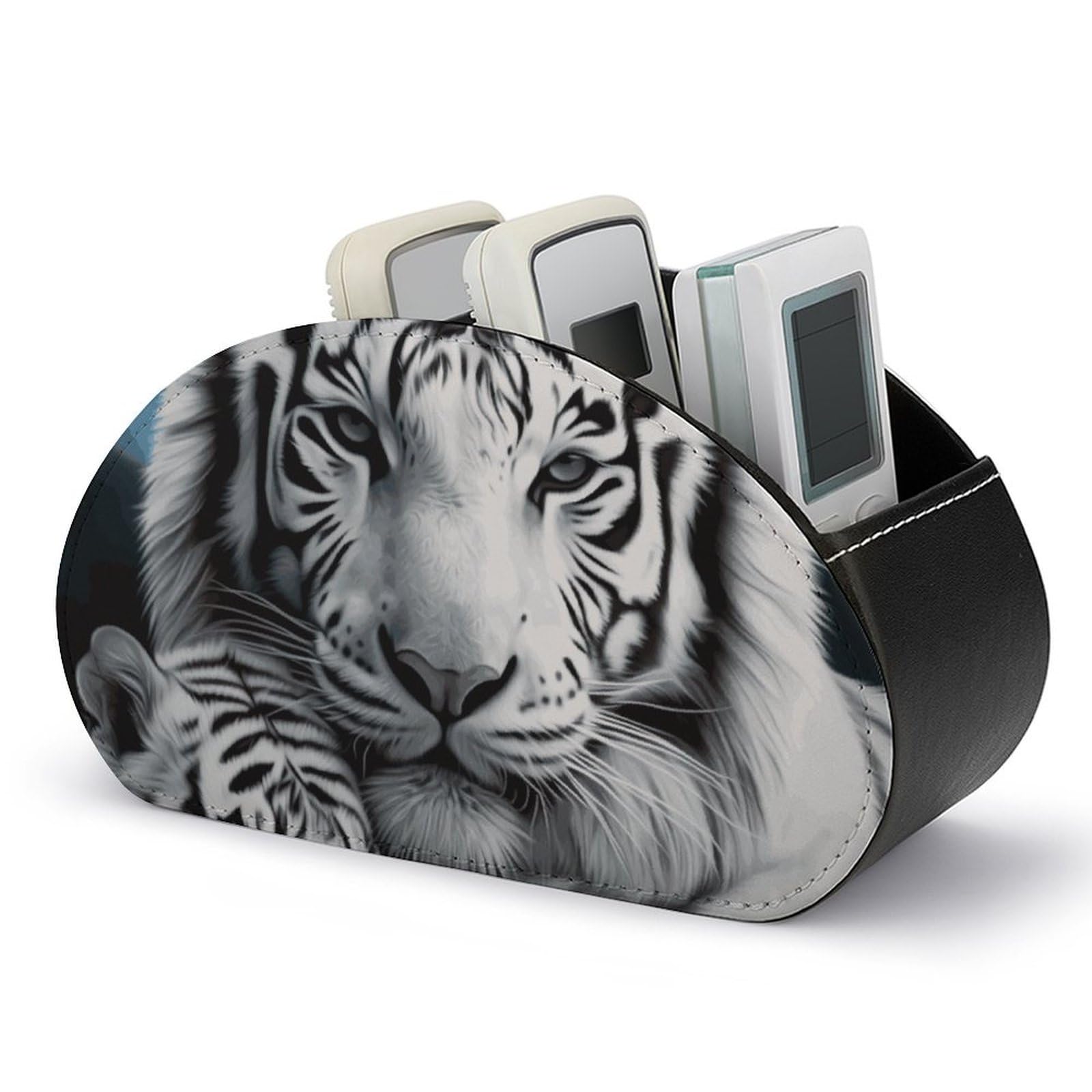 DWVTSLH White Tiger Remote Control Holder with 5 Compartments - PU Leather TV Remote Holder Remote Caddy Desktop Organizer Makeup Brush Holder, Remote Storage Box for Home Office