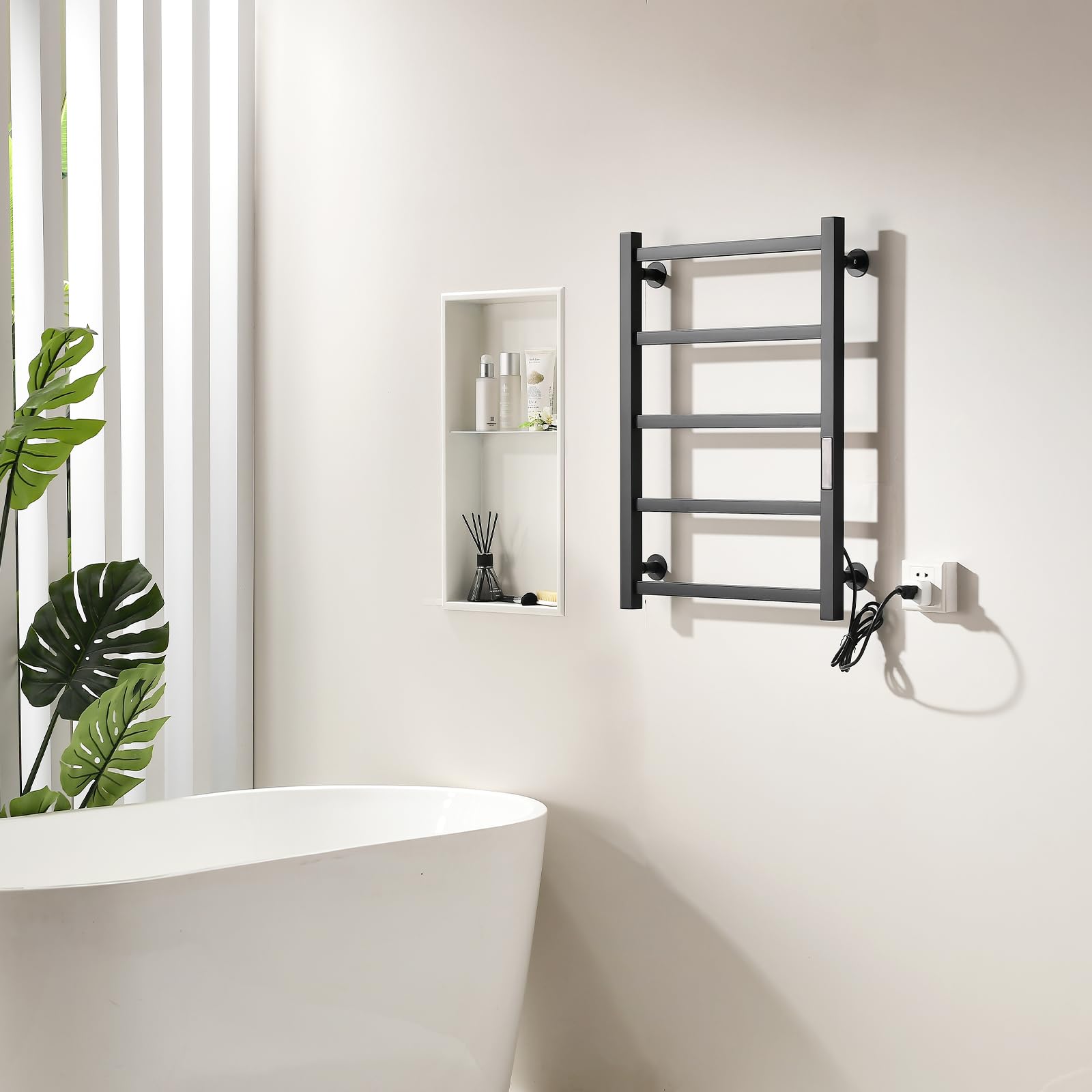 Scaldasalviette elettrico nero 700 x 500 mm con touch screen LED, scalda asciugamani a tempo e temperatura regolabile