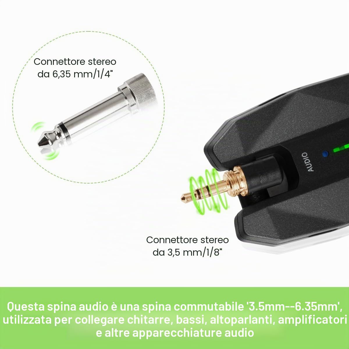 Coolmusic WS1 Sistema per chitarra stereo wireless da 5,8 GHz con prese per strumenti da 1/4" e 1/8", ricaricabile, per chitarra, tastiera, basso