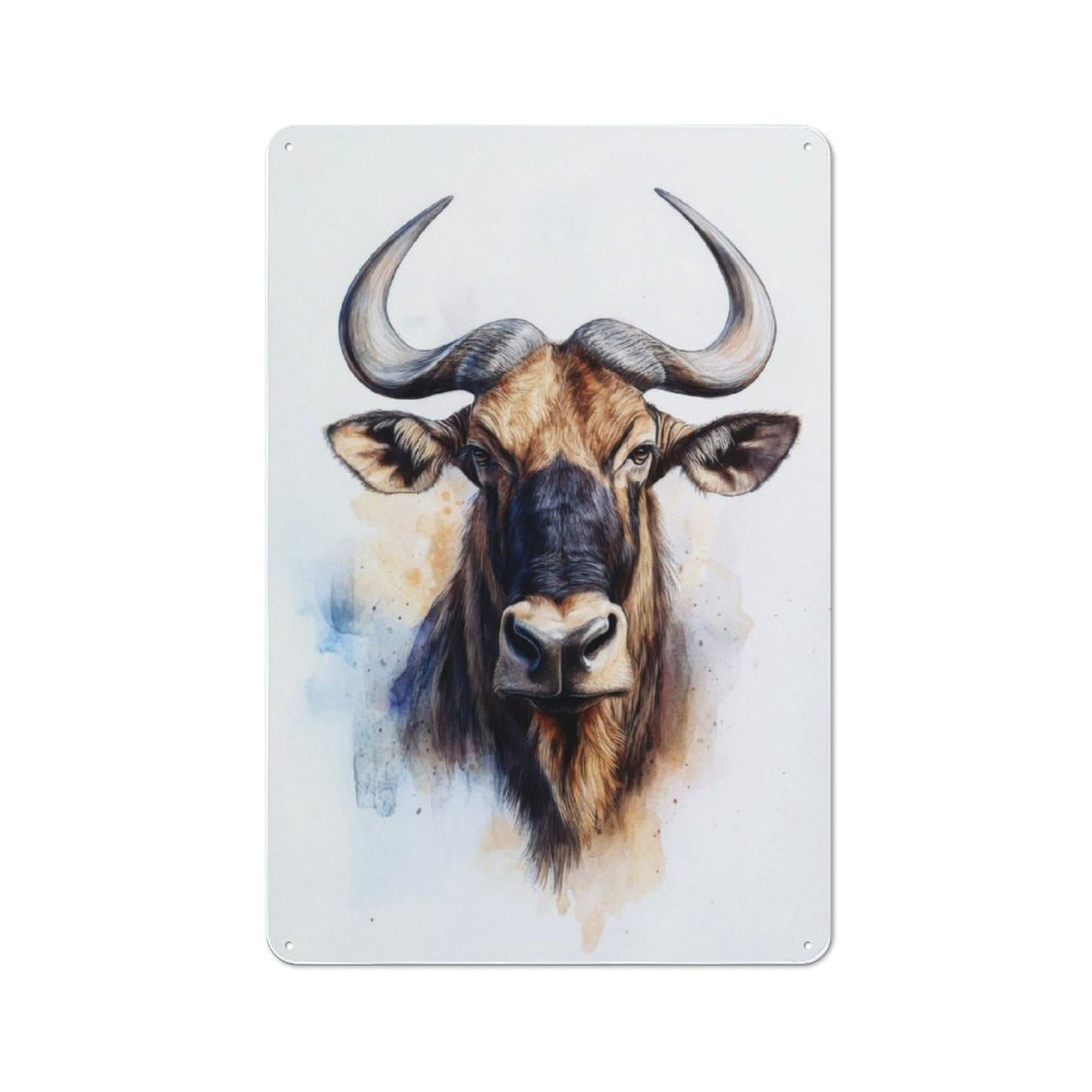Junmoney Wildebeest Watercolor Portrait Retro Retro Metal Sign 30X20cm Featuring Garage Wall Decor For Garage, Hobby Room, Office Or Man Cave