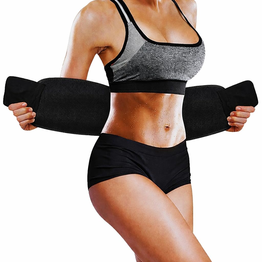 waist trainer belt, black, neoprene material, adjustable velcro closure, sauna effect for workout and weight loss