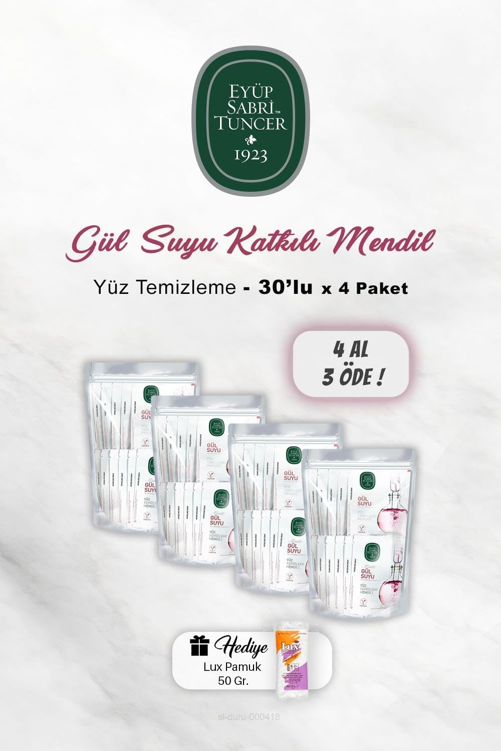 Eyüp Sabri Tuncer 4 AL 3 ÖDE Gül Suyu Yüz Temizleme Mendili 30'lu, Pamuk Hediyeli