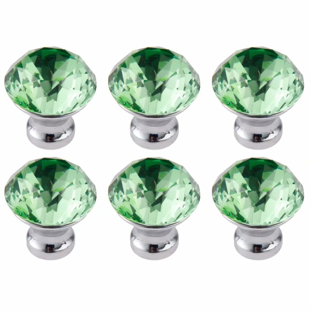 6 Pcs Yellow Crystal Glass Cabinet Door Knobs 30mm Cupboard Wardrobe Dresser Drawer Pull Handle for Home Furniture Cupboards Wardrobes Drawers (Green)
