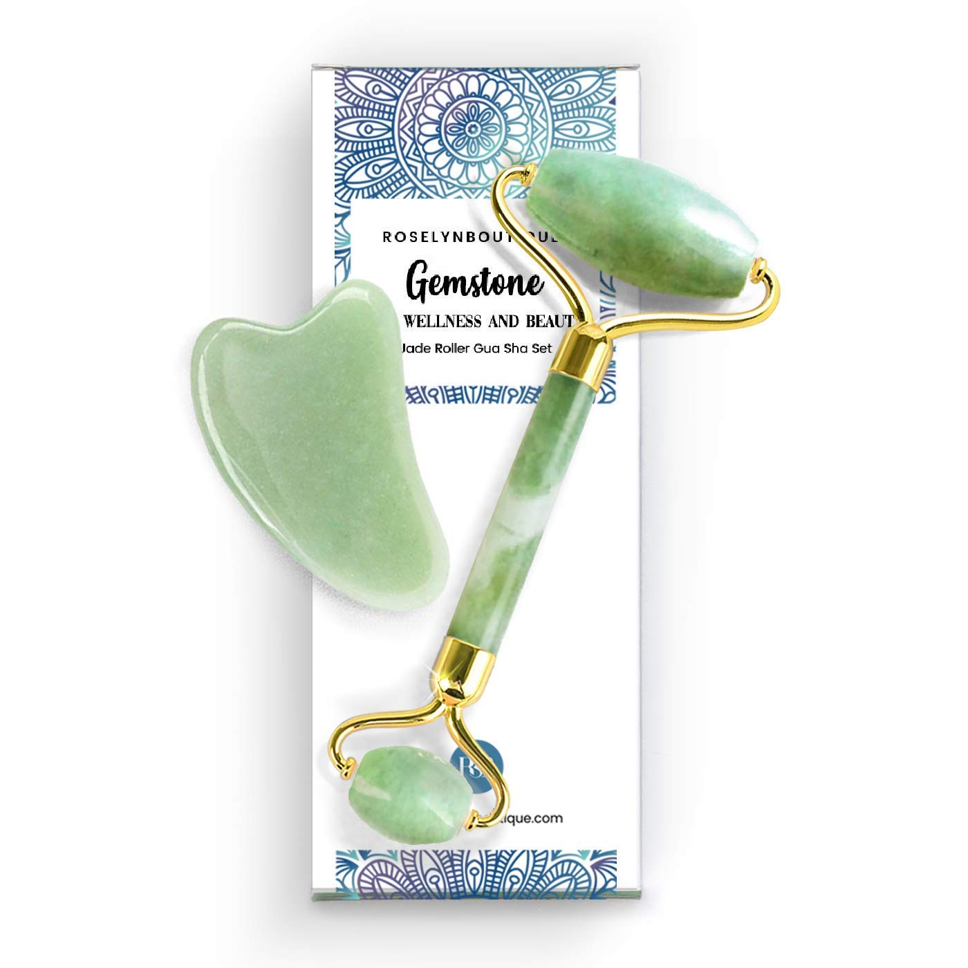 Jade Roller and Gua Sha Set for Beautiful Skin Detox - Facial Body Eyes Neck Massager Tool Reduce Wrinkles Aging - Original Natural Jade Stone