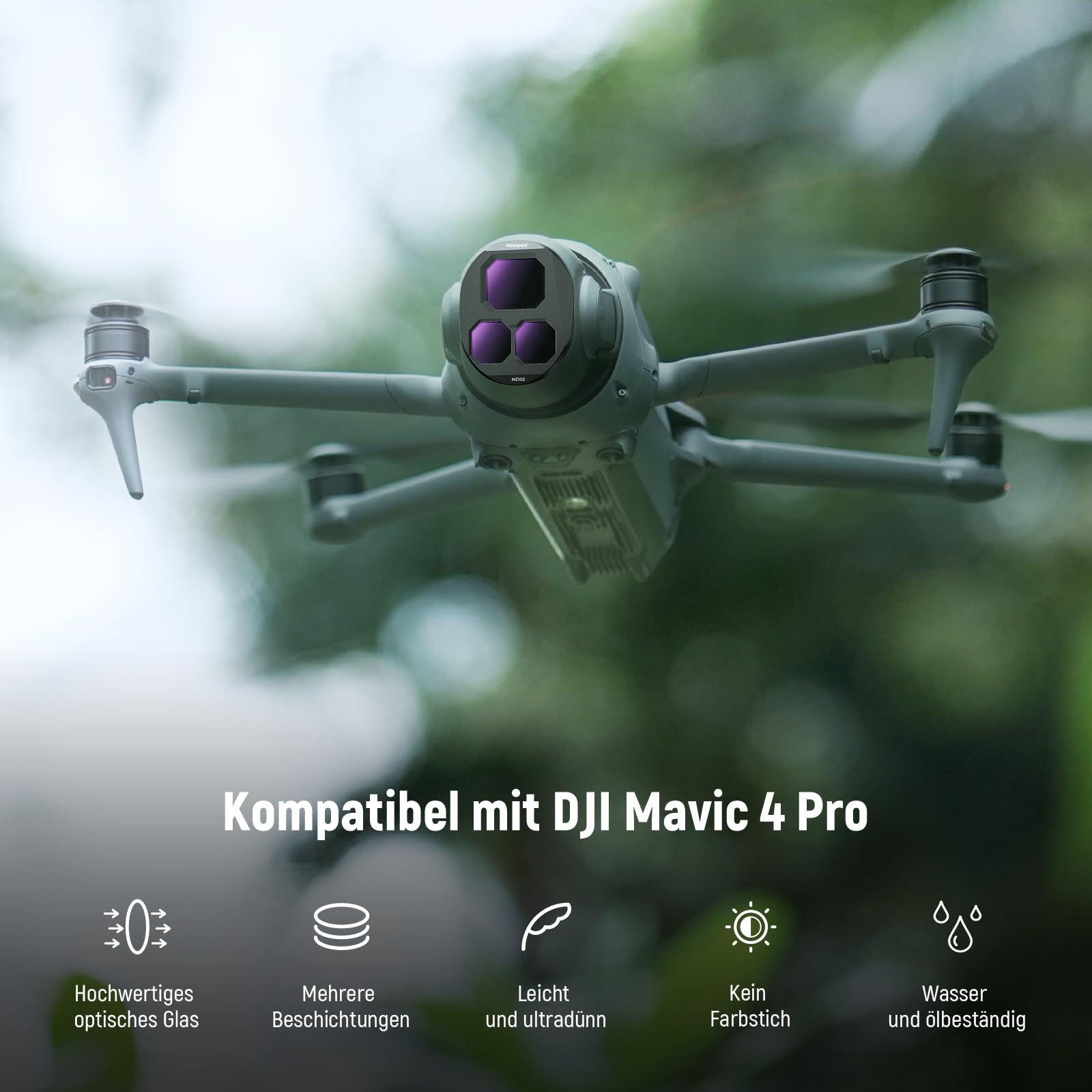NEEWER ND Filter Set Kompatibel mit DJI Mavic 4 Pro (ND8/ND16/ND32/ND64), 4er Pack, mehrfach beschichtetes optisches Glas Graufilter für Drone Kamera Objektive mit magnetischem Aufbewahrungsbox FL-C44