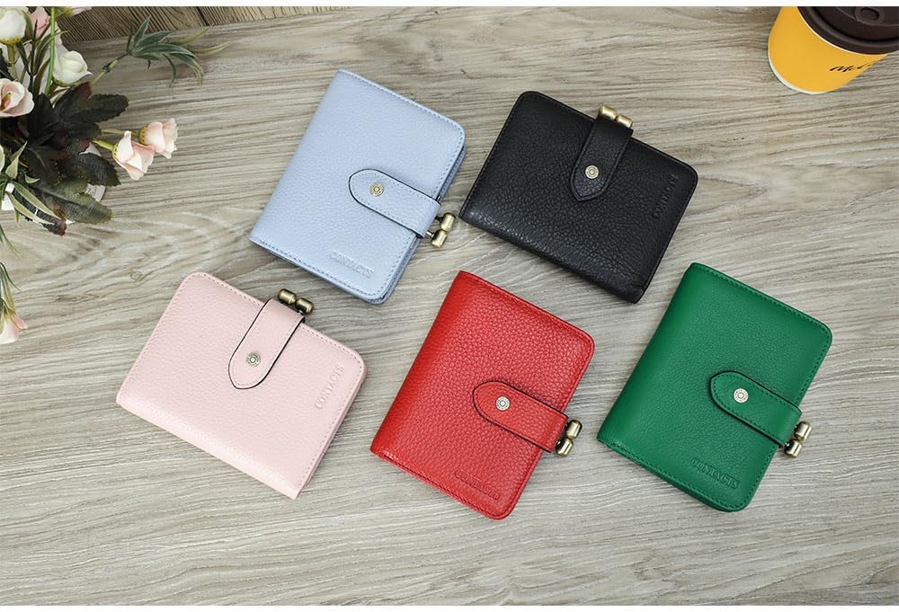 CONTACTS Full Grain Leather Kiss Lock Wallet for Women Coin Pocket Kiss Clasp Purse Small Card Holder Bifold Rfid Wallet (Black)