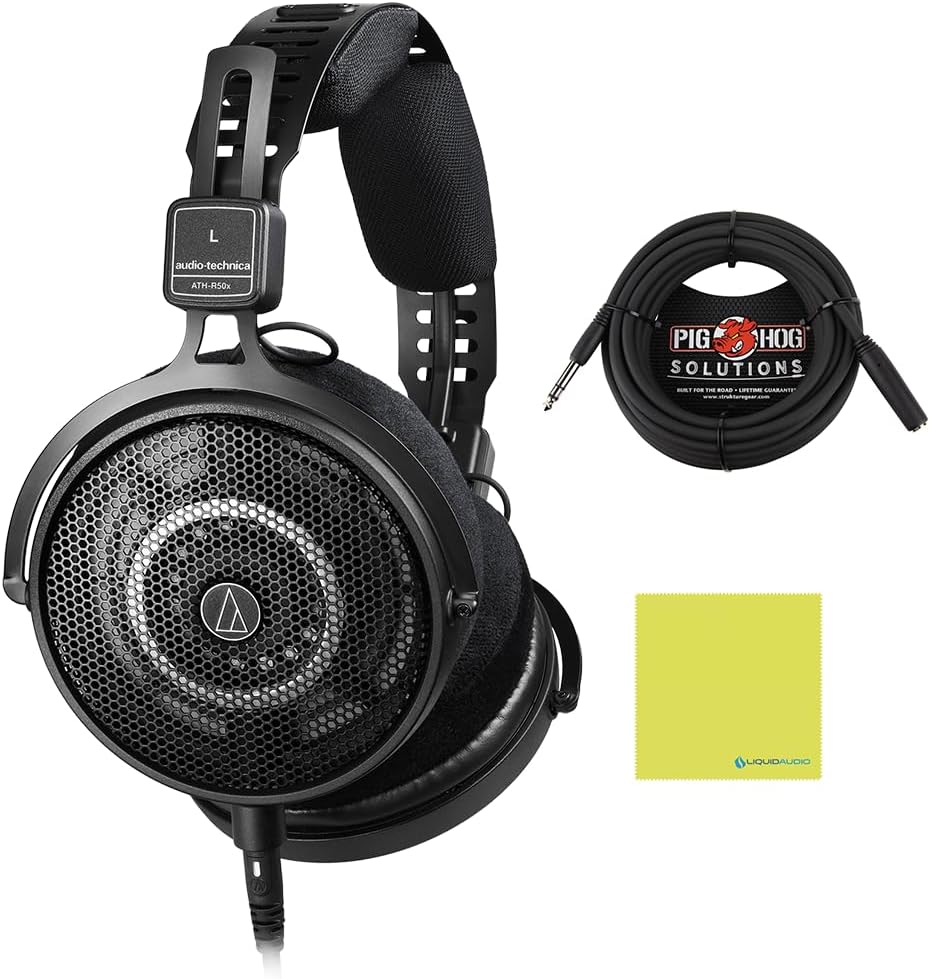 Audio Technica ATH-R50x Auriculares profesionales de referencia abiertos | Paquete con cable de extensión Pig Hog de 25 pies, conector de 1/4", paño de pulido, monitoreo y mezcla de estudio