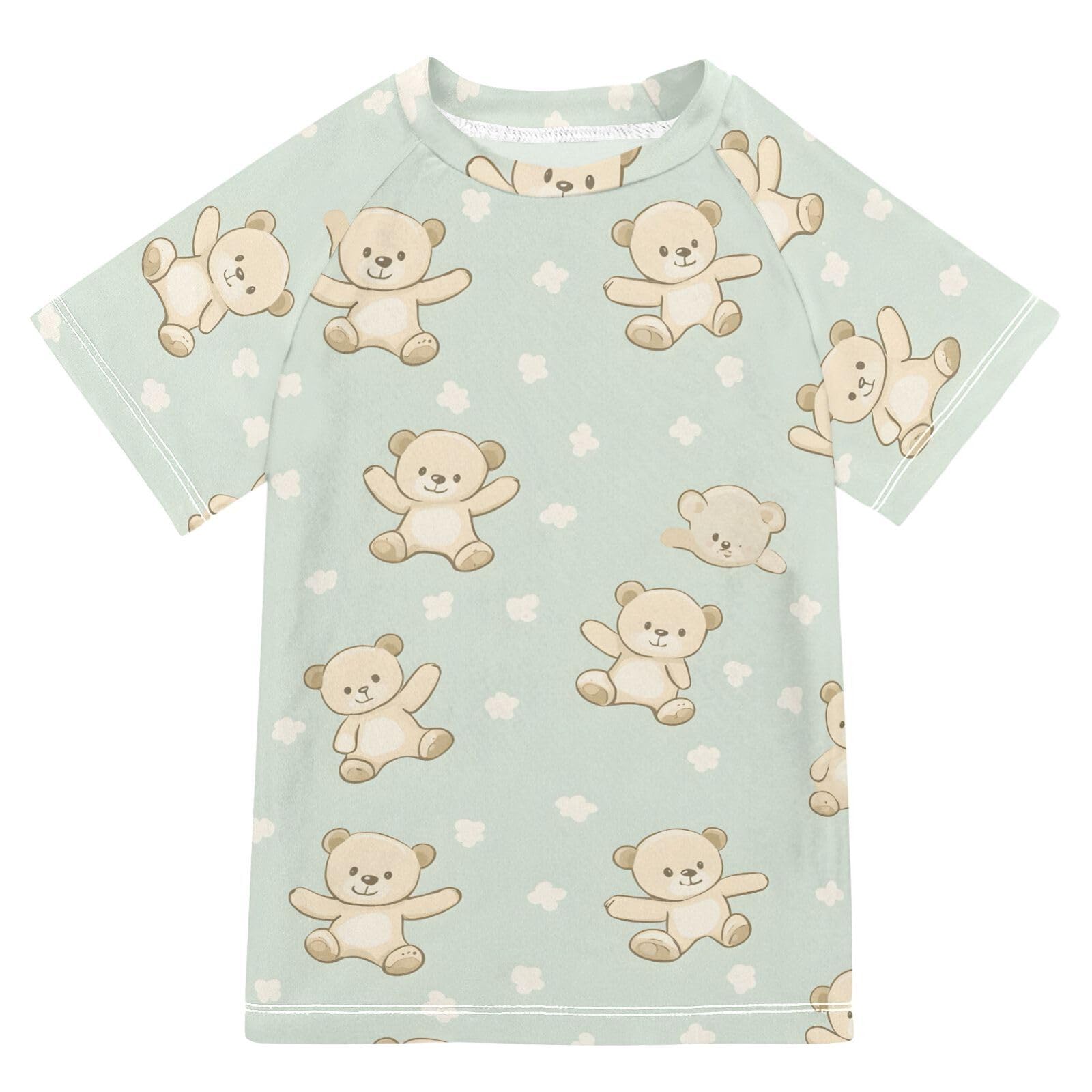 ALAZA Boys Swim Shirts Toddler Rash Guard Short Sleeve Rashguard Bear Light Green UPF 50+ 11-12T