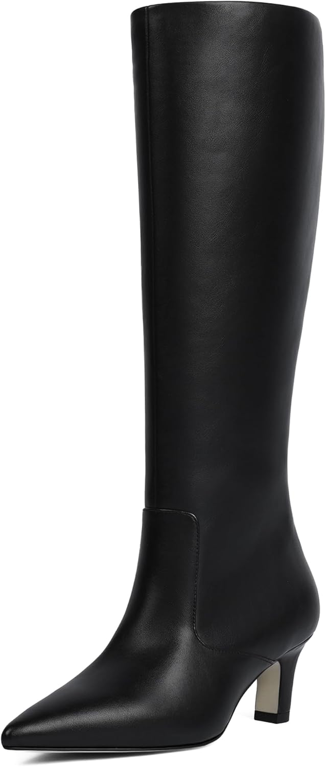 Knee High Boots for Women Pointed Toe Kitten Low Heel Tall Boots Faux Leather Fall Long Boots Side Zipper