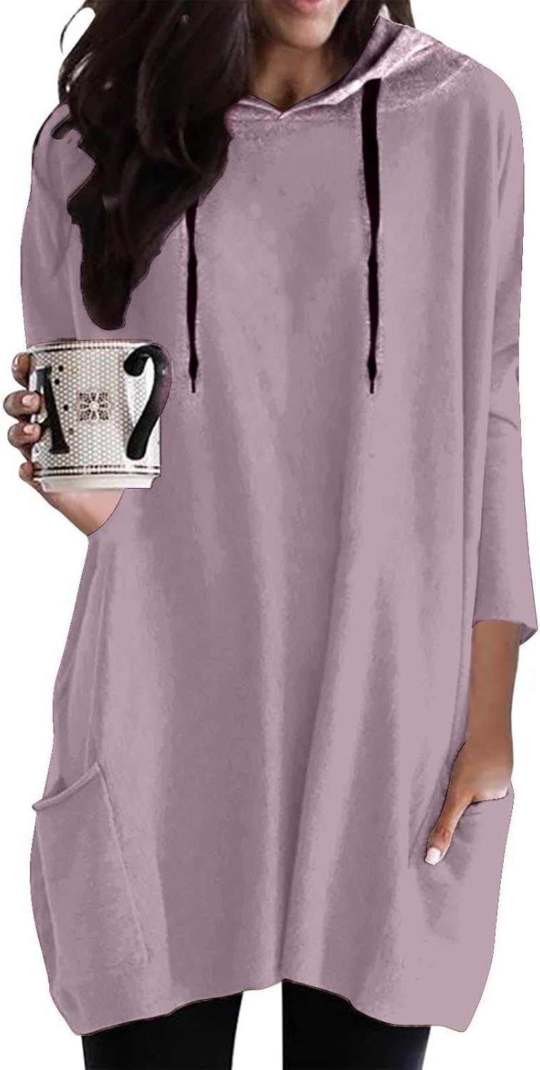 Womens 3/4 Sleeve T Shirts Dresses Lightweight Pullover Hoodies Oversized Tunic Solid Color Tops with Pockets