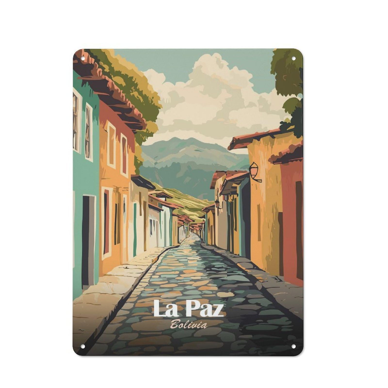 Junmoney Style-24 Workshop Style Garage Metal Sign 40X30cm Featuring La Paz, Bolivia Street View Illustration, Industrial Wall Art For Workshop, Basement, Shed Or Games Room