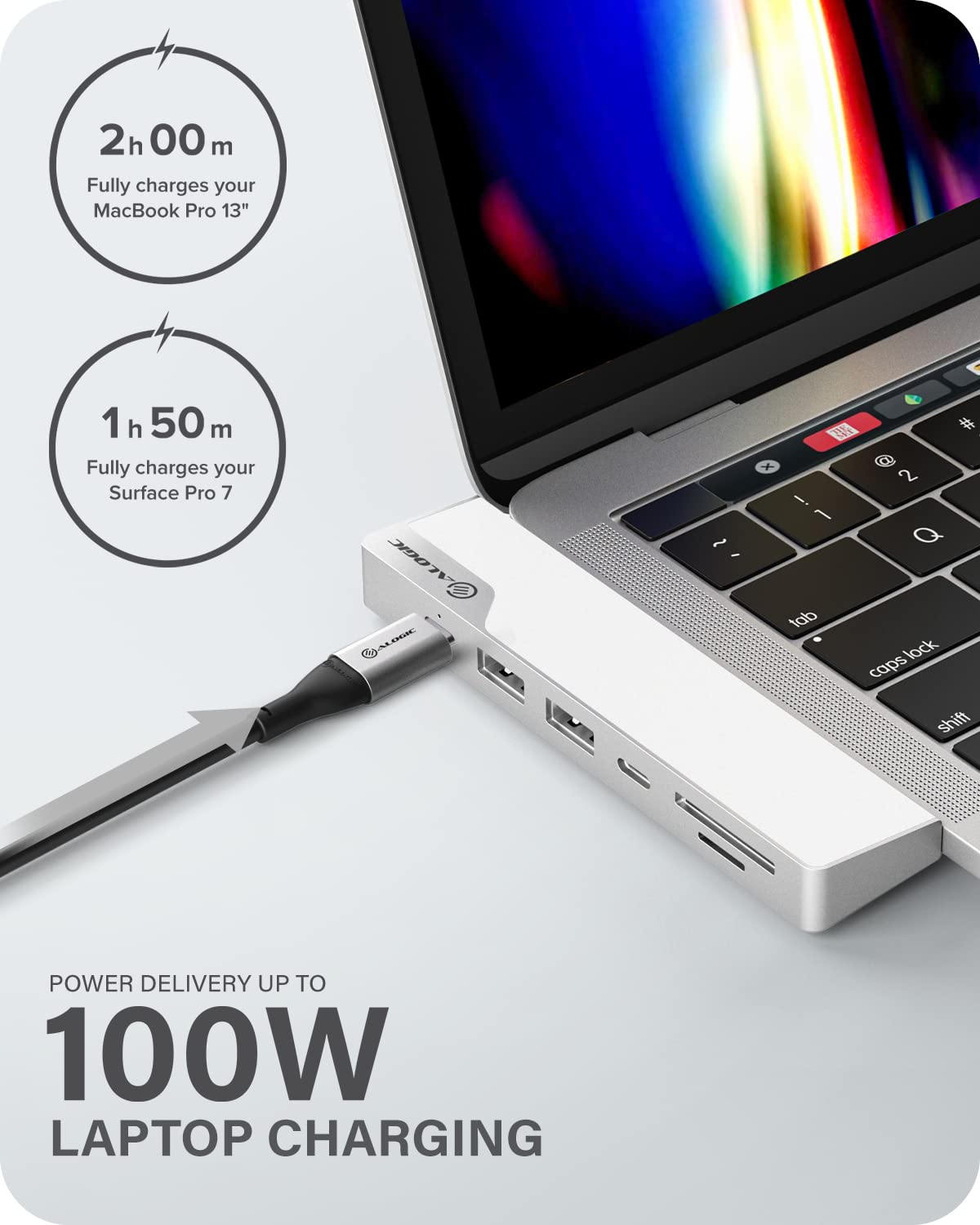 Hub ALOGIC USB-C 7-in-1, HDMI 4K, ricarica laptop PD da 100 W, 2 porte dati USB-A 3.1 (compatibile con Thunderbolt 3), Nano Gen 2 Dock, lettore di schede Micro/SD, compatibile per MacBook Pro/Air