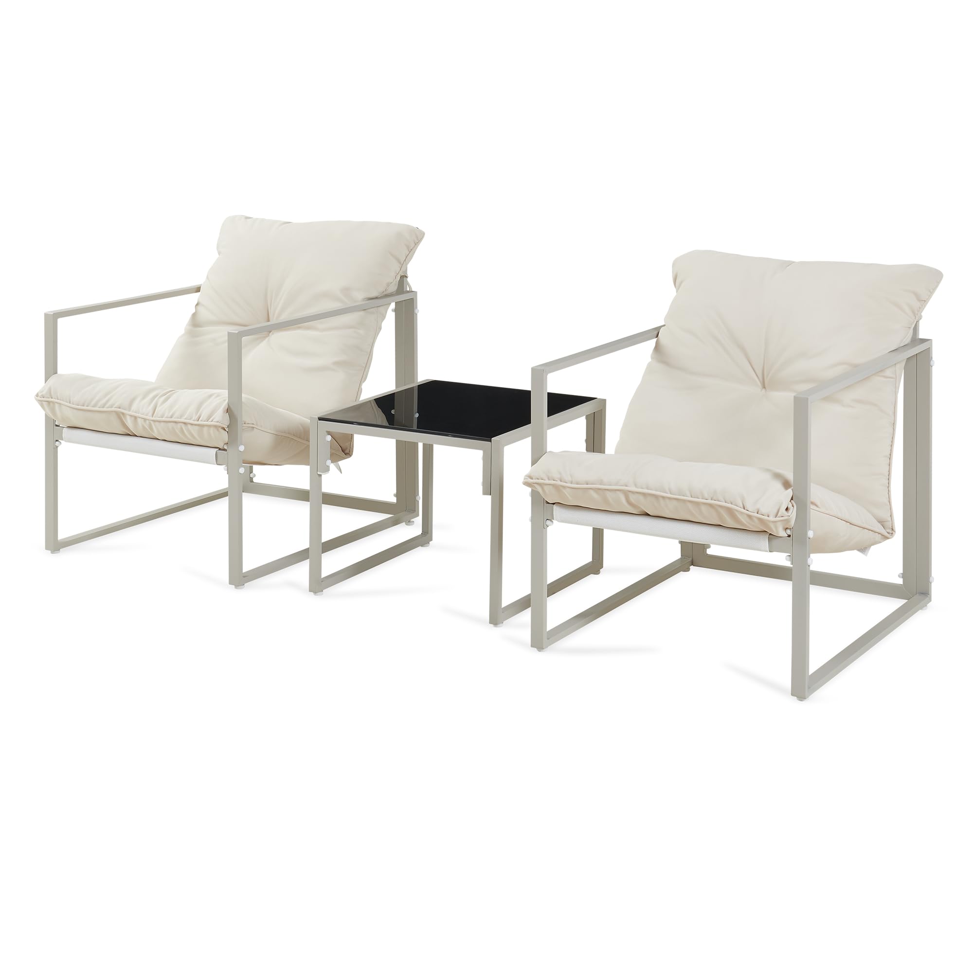 casa.pro Gartenmöbel Set Karg Balkonmöbel 3-teilig Garnitur Outdoor Lounge Tisch mit 2 x Sessel wetterfest Couchtisch mit Glasplatte Gartenstühle Metall Beige
