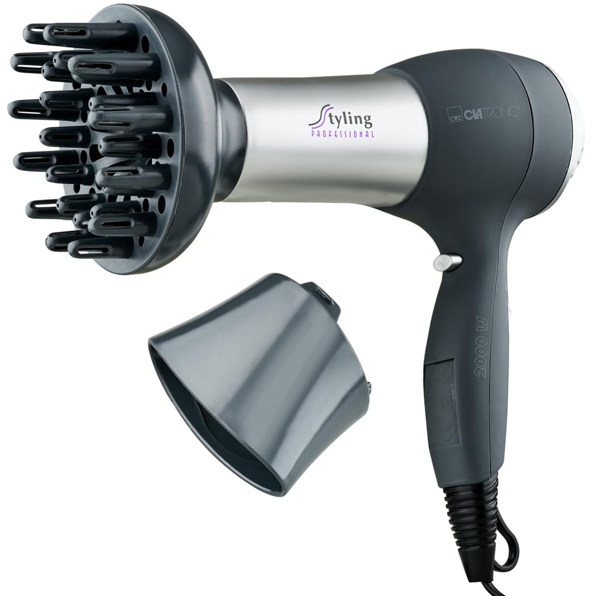 Clatronic® Haartrockner mit Diffusor und Formdüse | Hair Dryer mit "Cool Shot" für glänzendes Haar | Haarfön mit 3 Leistungsstufen und 2 Gebläsestufen | 2000 Watt | HTD 3055