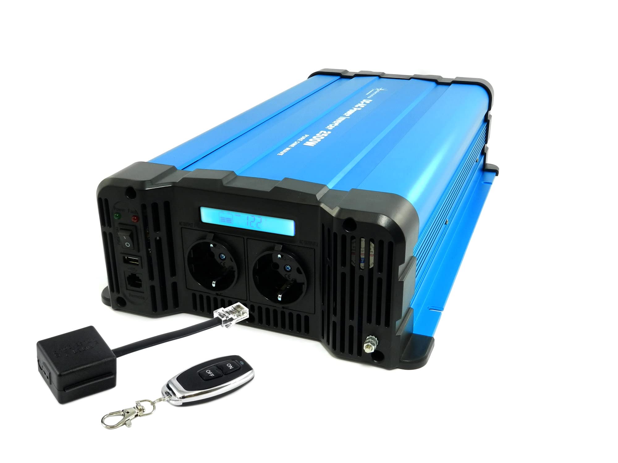 SOLARTRONICS FS2500 12V przetwornica napięcia 12 V 230 V czysty Sinus 2500 W - 5000 W Moc szczytowa - Przetwornik prądu 12V na 230 V z gniazdem Schuko i pilotem zdalnego sterowania USB