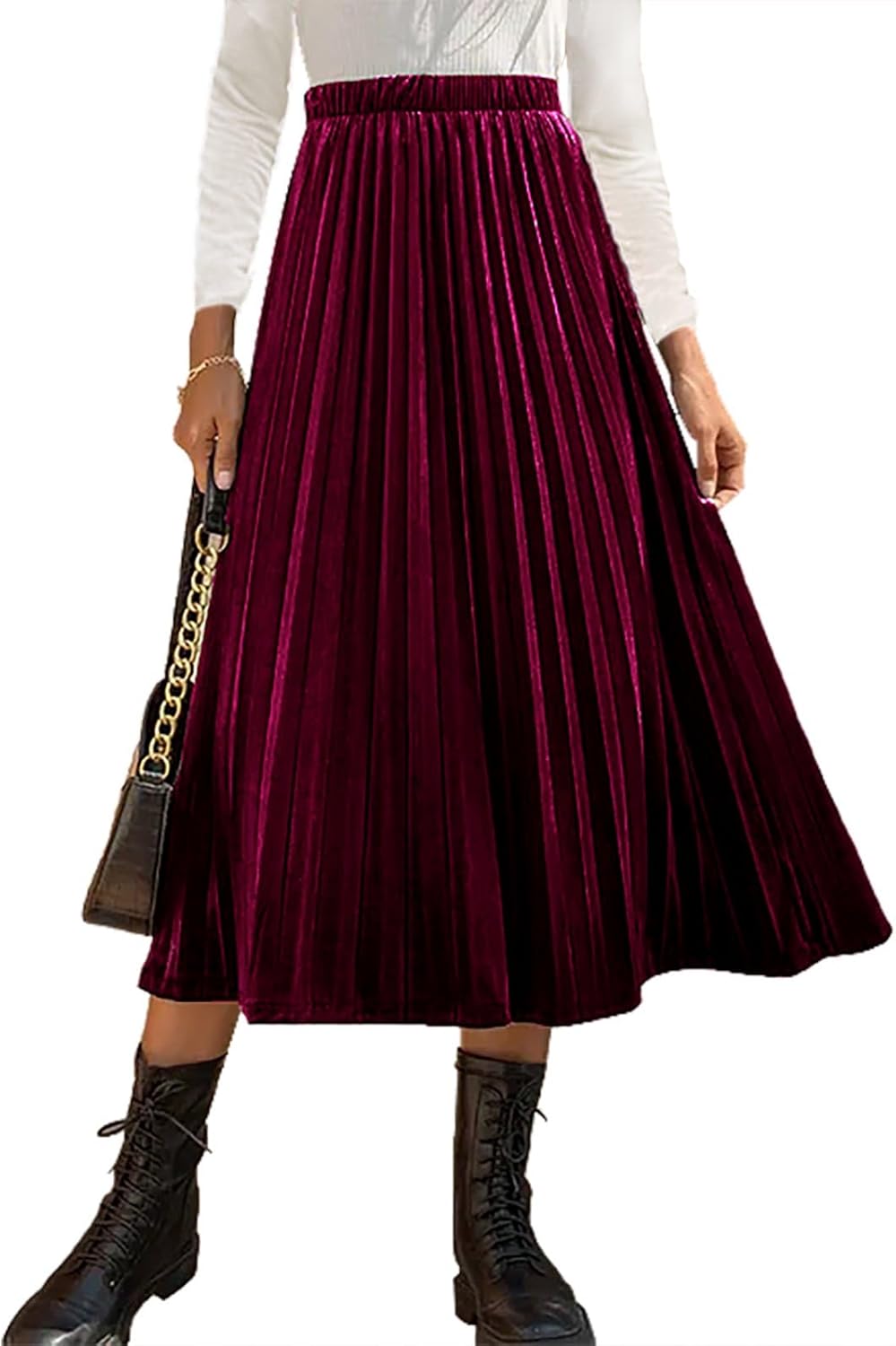 HERBATOMIA Women’s High Elastic Waist Skirt Pleated A Line Swings Midi Velvet Skirts for Women