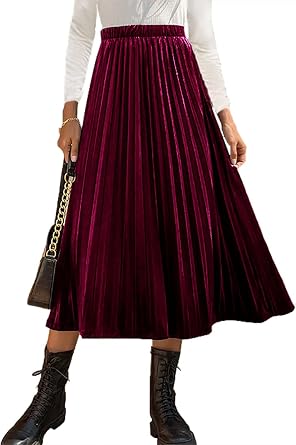 HERBATOMIA Womens High Elastic Waist Skirt Pleated A Line Swings Midi Velvet Skirts for Women