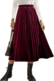Women’s High Elastic Waist Skirt Pleated A Line Swings Midi Velvet Skirt...
