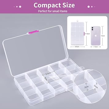 Opret 4 Pcs Bead Storage Box, 15 Grids Plastic Jewellery Organisers Small Clear Containers with Adjustable Dividers Compartment Craft Case, Size 17x9.5x2cm