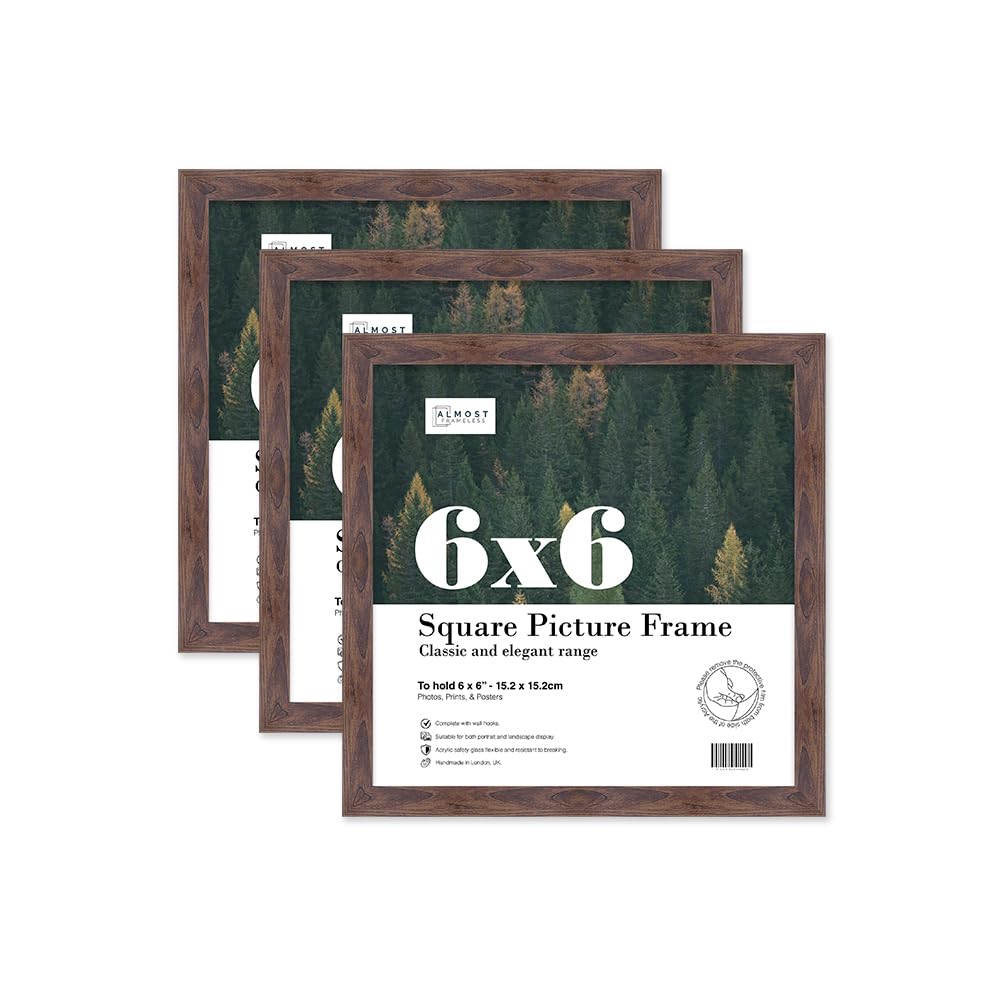 Almost Frameless 6x6 Walnut Picture Frame Set of 3, Display 6x6 Picture Gallery Wall, Poster, Photo, Artwork, or Print, Walnut