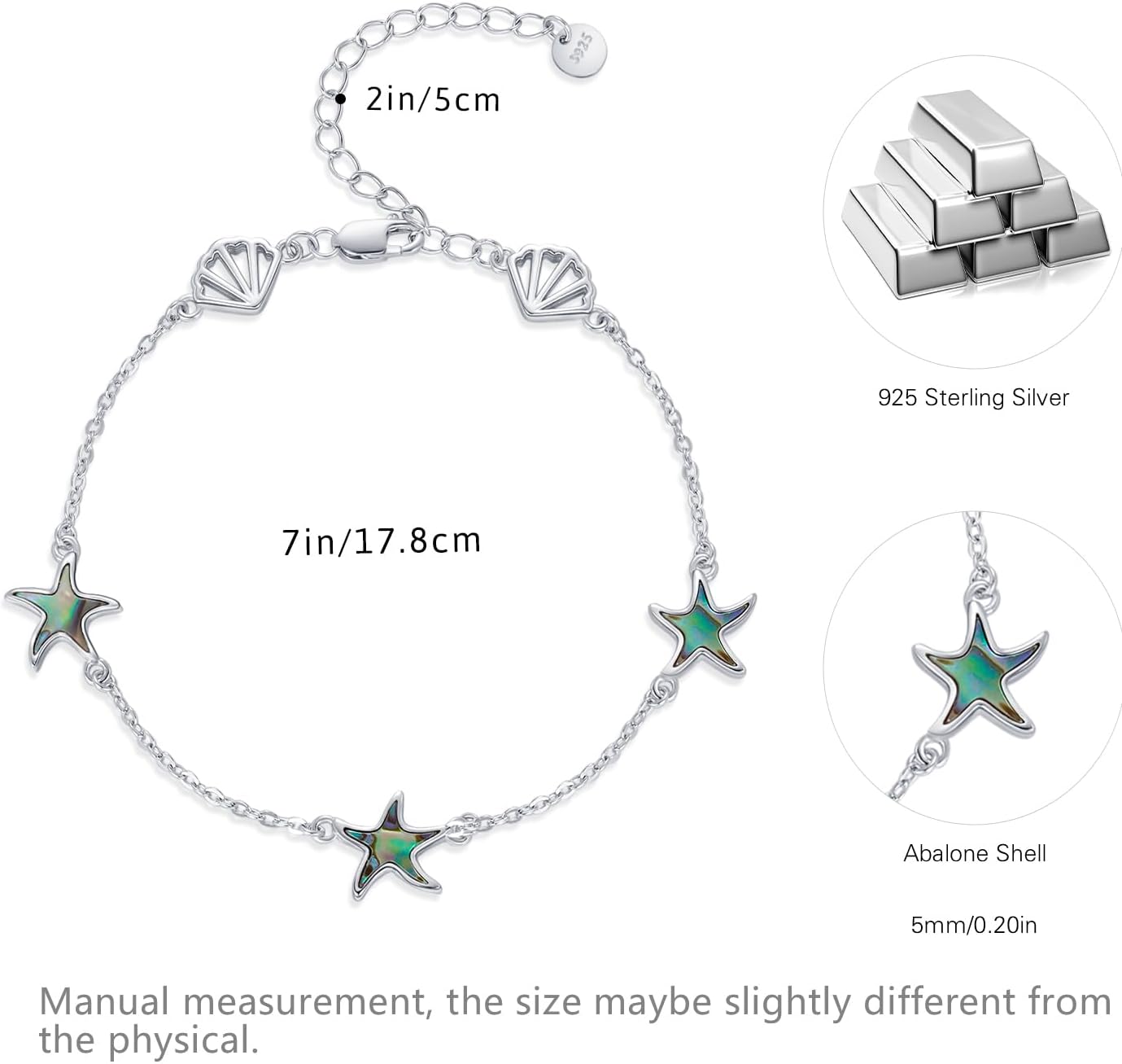 Cuoka Abalone Starfish Bracelet for Women S925 Silver Plated Adjustable Shell Sea Beach Ocean Bracelet Summer Beach Jewelry - Image 2