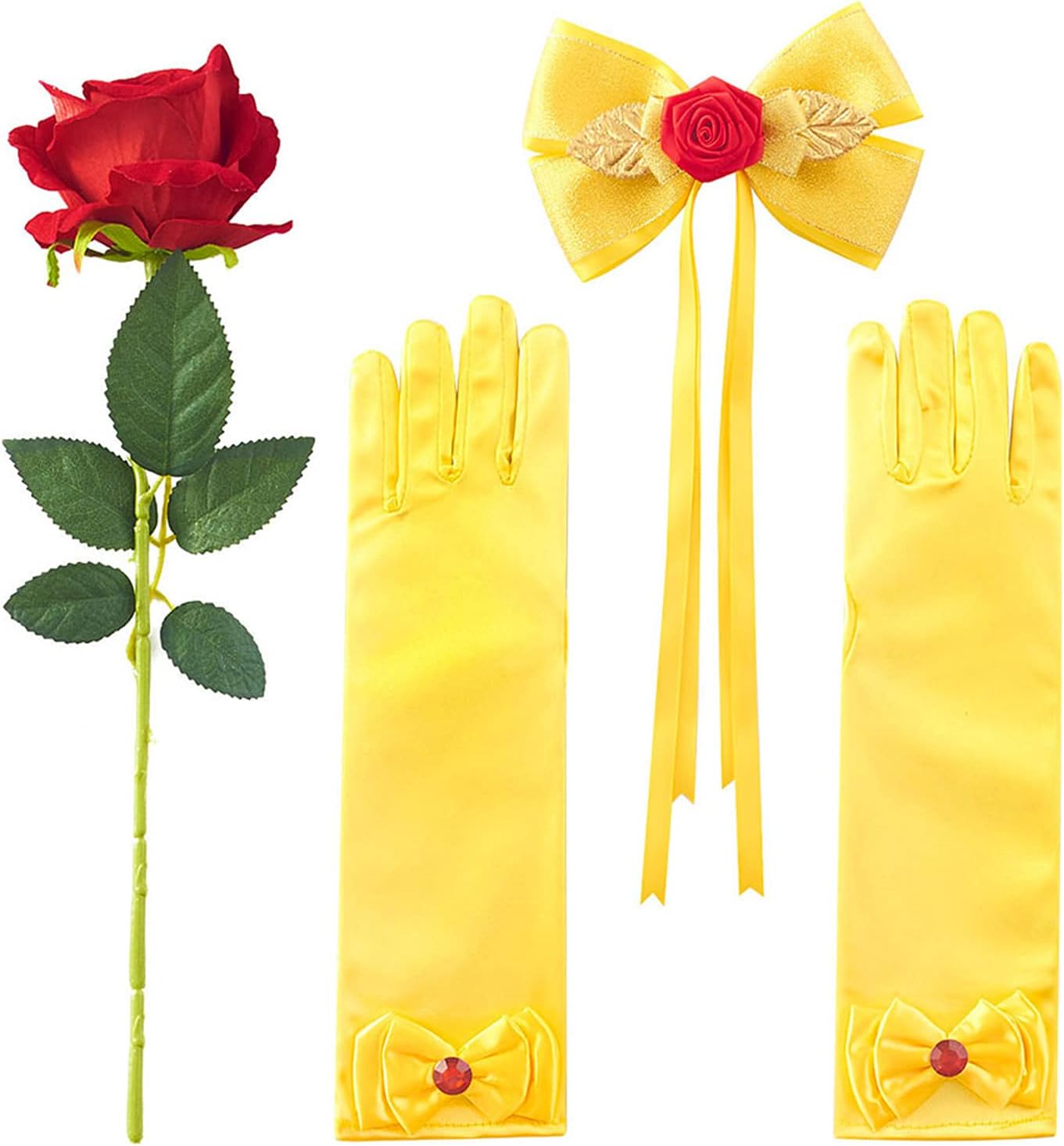 JiaDuo Girls Princess Costume Accessory Set Dress Up Bow Glove Rose Flower | 4PC Set, Elastic Stretch Fit Gloves, Bendable‑stem Faux Rose, Halloween Cosplay Accessories, Birthday Party Gift