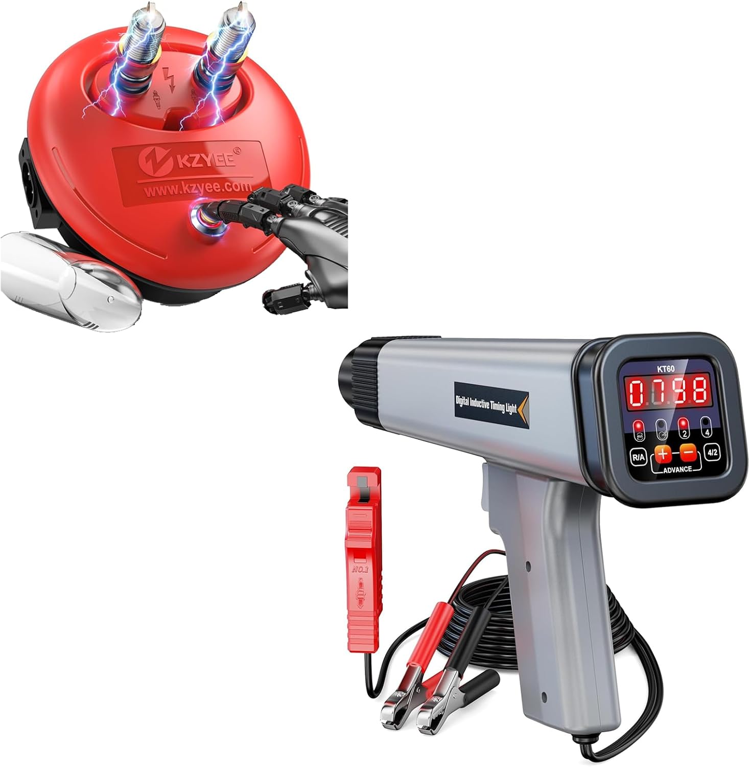 KZYEE KT60 Digital Timing Light with RPM & Advance Angle, 12V Inductive Ignition Timing Light for 2&4-Stroke Gasoline Engines and KZYEE KS30 Spark Plug Tester – One-Tap Ignition Coil & Spark Plug Test