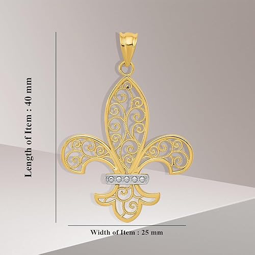 Miniatura 5 de Diamond2Deal Colgante de flor de Lis de Filigrana chapada en oro amarillo de 14 k y rodio, joyería fina para mujer (L- 1.575 in W- 0.984 in)