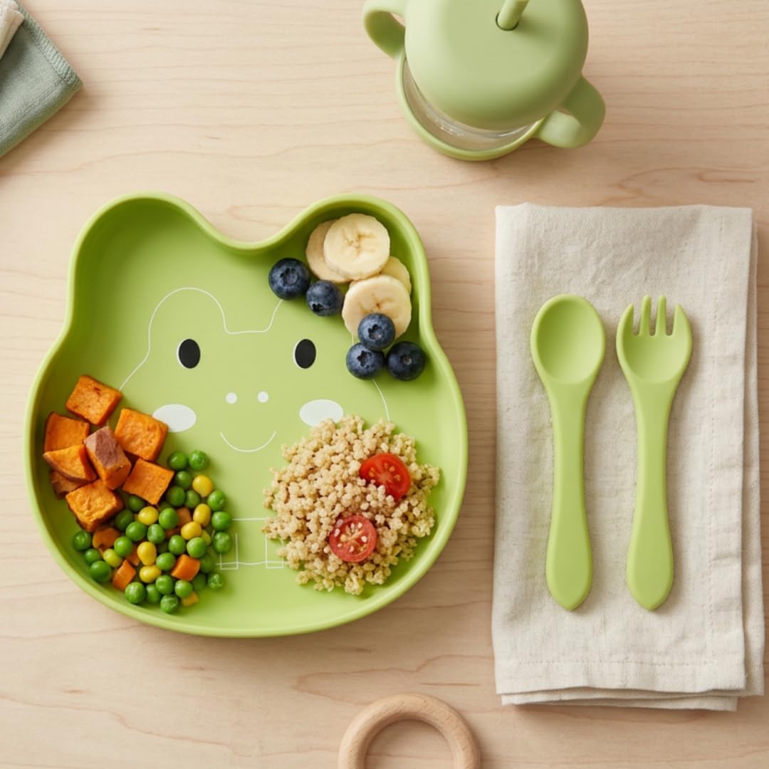 TIGGY & BONNET Frog 2 Pcs Silicone Baby Feeding Set for Baby Bpa-Free | Microwave Safe, Anti-Slip Base | Tableware Kit for Babies & Toddlers with Suction Plate & Spoon