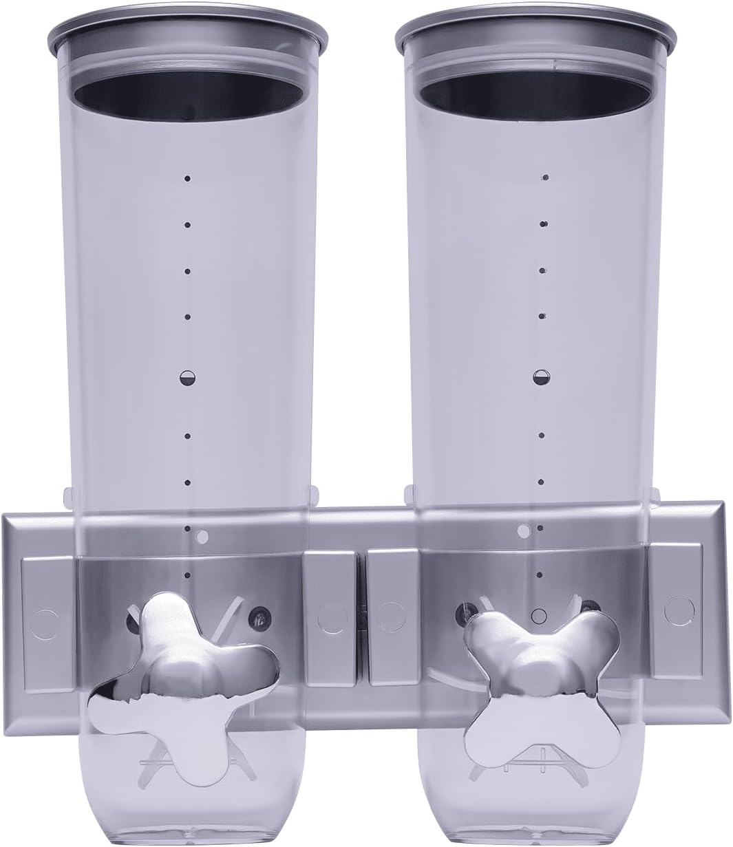 Wall Mounted Double Cereal Dispenser Kitchen Dry Food Candy Storage Container Coffee Bean Canister Holder Silver