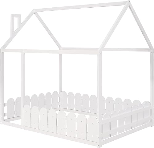 Miniatura 4 de LZ LEISURE ZONE Cama de casa matrimonial, marco de cama de madera tamaño matrimonial, cama de suelo de tamaño matrimonial con techo y valla, color